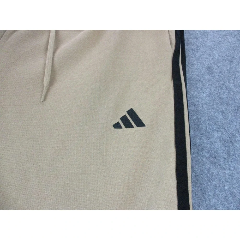 Adidas Pants Men 2XL XXL Beige Wide Leg Fleece Sweatpants Side Stripe Drawstring